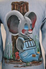 Women's vintage 1970's JCPenney Plain Pockets label long sleeve light blue chambray denim button up top with white applique trim and large graphic of mouse on back