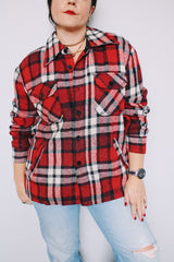 Men's or women's vintage 1970's Sears, The Men's Store label long sleeve button up shacket in size large. All over red and navy plaid print.