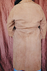 Women's vintage 1970's Joseph Magnin label long length long sleeve camel brown tan colored suede open front jacket.