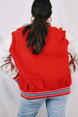 Men's or women's vintage 1960's US Doe-Lon, The Finest Fashion in VINYL label long sleeve red and white varsity letterman jacket with snap buttons and pockets.