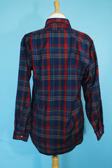 Men's vintage 1980's Pendleton, Sir Pendleton label long sleeve button up plaid shirt in a wool material. Red and navy colors with brown tortoise buttons.
