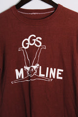 Women's or men's vintage 1970's short sleeve maroon colored tee with a white graphic on the front in a cotton and polyester material.