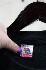 Women' or men's vintage 1993 Fruit of the Loom, Made in USA label short sleeve black 1993 Van Halen Tour t-shirt with graphic on the front and back with all over multicolored tie dye.