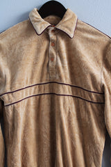 Women's or men's vintage 1980's Weekends in California label long sleeve tan and brown colored velour material pullover sweater with collar and half button closure.
