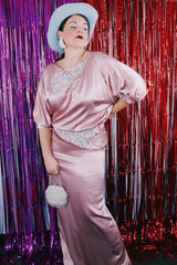 Women's vintage 1980's shiny satin light pink two piece matching set.