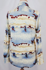 Men's or women's vintage 1970's Christopher Rand long sleeve cream colored polyester material button up shirt with all over farm print.