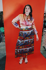 Women's vintage 1970's all over Hawaiian print ankle length maxi wrap skirt in thick quality cotton material.