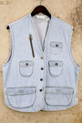Women's or men's vintage 1990's Casey & Max label light blue denim sleeveless best with all over pockets and bronze hardware.