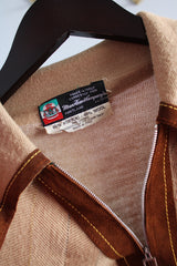 Women's or men's vintage 1960's Made in Italy Exclusively For Meier & Frank Company, Portland label long sleeve tan brown colored pullover sweater with a dagger collar and half front zipper closure.