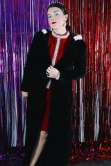 Women's vintage 1950's Consumer's Protection Label, BDW, Manufactured Under Fair Labor Standard label long sleeve long length black velvet hooded duster jacket.