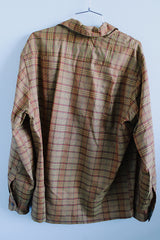 Men's vintage1960's Sierra Wools, Single Needle Tailoring, Made in Japan label long sleeve XL button up shirt with collar in an orange and brown plaid print and wool material.