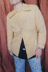 Women's or men's vintage 1970's Styled by Scully in Los Angeles long sleeve long length tan camel colored leather jacket with leather buttons up the front.