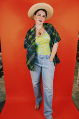 Women's or men's vintage 1970's Sportsman by Cal-Made California short sleeve printed button up shirt with collar.