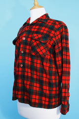 Men's or women's vintage 1960's Pendleton label long sleeve button up plaid shirt in wool material. Red and green colors.
