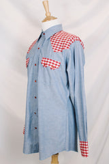 Men's vintage 1970's Dee Cee Brand, Authentic Western Wear, Made in USA long sleeve light blue chambray shirt with red and white gingham patchwork.