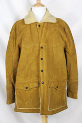 Men's or women's vintage 1960's Jo-O-Kay, Fashions in Leather by Corral Sportswear CO. label long sleeve tan brown suede jacket with cream shearling liner.