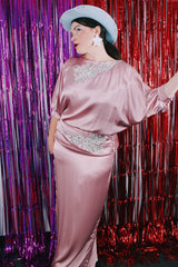 Women's vintage 1980's shiny satin light pink two piece matching set.