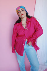 Men's or women's vintage 1970's Manhattan, Dura Brite, Torque label long sleeve hot pink button up shirt with dagger collar and clear buttons.