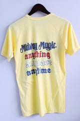 Men's or women's vintage 1970's Galefel label short sleeve light yellow long length tee with multicolored graphic on front and back