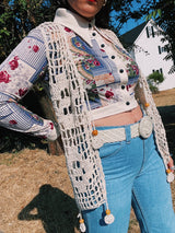 sleeveless cream crochet vest with beaded trim details vintage 1970's