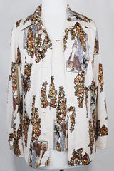 Women's vintage 1970's matching novelty print sleeveless tank top and button up blouse with dagger collar. All over novelty print in white and brown colors.