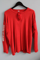 Men's or women's vintage 1980's Hanes, Made in USA label long sleeve cotton henley tee with David Lee Roth tour text on arms.