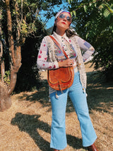 brown leather tooled crossbody purse with horse design vintage