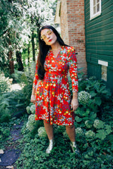 Long Sleeve Floral Printed Midi Dress with V Neck