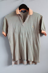 Men's or women's vintage 1990's Polo By Ralph Lauren label short sleeve peach and blue colored stripe polo tee with collar and half button closure.