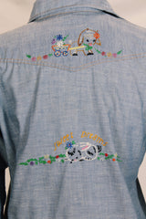 Women's vintage 1970's Sears JR Bazaar label long sleeve button up top in blue denim chambray.