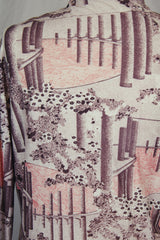 Women's or men's vintage 1970's Scene 3 by Da Vinci label long sleeve slinky polyester material button up shirt with a novelty print in white, grey, and light pink.