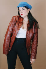 Men's or women's vintage 1970's Casablanca, For Guys - For Gals label size medium long sleeve zip up leather brown jacket with small pointy collar