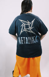 Men's or women's vintage 1990's Murina, Made in USA label short sleeve black Metallica band tee with multicolored graphic on front and back.
