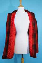 Men's vintage 1970's Sheraton Sportswear label long sleeve black and red buffalo plaid wool shacket.