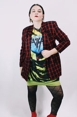 Women's vintage 1980's Casual Corner, Made in USA label black, red, and yellow tartan plaid double breasted blazer.