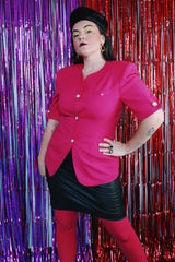 Women's vintage 1980's Collections label short sleeve button up power blazer in hot pink colors.