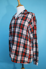 Men's or women's vintage 1960's Pilgrim label long sleeve button up pajama shirt in white, red, and green. Lightweight cotton material.