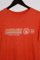 Men's or women's vintage 1980's Hanes, Fifty-Fifty, Made in USA label short sleeve red navy graphic tee in a cotton and polyester material.