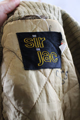 Men's or women's vintage 1970's Sir Jac label long sleeve grey colored longer length zip up bomber jacket with knit ribbed trim.