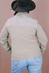 Women's vintage 1970's Elan label medium size zip up cardigan with knit acrylic body and suede front in tan color.