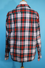 Men's or women's vintage 1960's Pilgrim label long sleeve button up pajama shirt in white, red, and green. Lightweight cotton material.