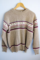 Women's or men's vintage 1980's Norsewear, Made in New Zealand label long sleeve pullover sweater in a tan brown color with abstract print across chest.
