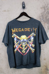 Men's or women's vintage 1991 The Brockum Group, Made in USA label black short sleeve Megadeth band tee with multicolored graphic on front and back.