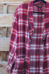 Women's or men's vintage 1950's Beacon label cotton blend material red and white plaid print sleepwear robe with satin trim and two front pockets