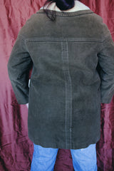 Men's or women's vintage 1950's Chumley Sport Shop, Charles F. Berg label long sleeve army green velvet PVC coat with cream shearling liner