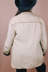 Men's vintage 1980's McGregor, Made in USA label size large tan canvas colored long sleeve medium length jacket with brown corduroy trim collar and buttons up the front.