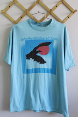 Women's or men's vintage 1970's Belton, Made in USA label size XL short sleeve light blue graphic band tee from album of Sutherland Brothers & Quiver.