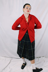 Men's vintage 1960's Hagen, Made in Levin, New Zealand label long sleeve red cotton button up shirt with small collar and one pocket.