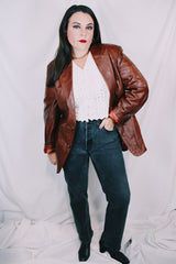 Men's or women's vintage 1980's Adler, Leather MFG. CO., Made in California label brown leather blazer jacket with front pockets and two button closure.