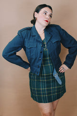 Men's vintage 1950's FLYVAPNET Nr. 48 size small Swedish Air Force cropped long sleeve wool jacket in navy blue that looks like denim.